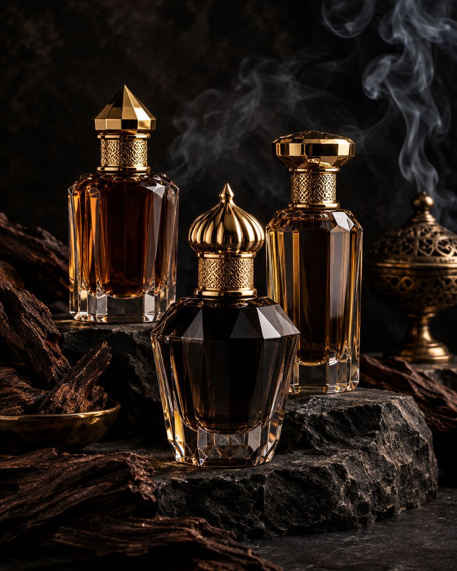 Gold-capped bottles of oud oil among pieces of agarwood, with incense smoke rising behind them