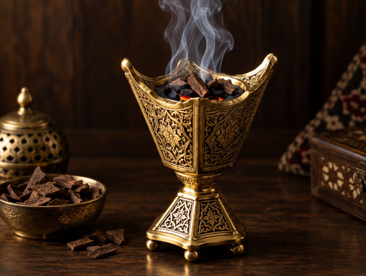 An ornate brass incense burner with smoke rising from it, beside a bowl of oud chips